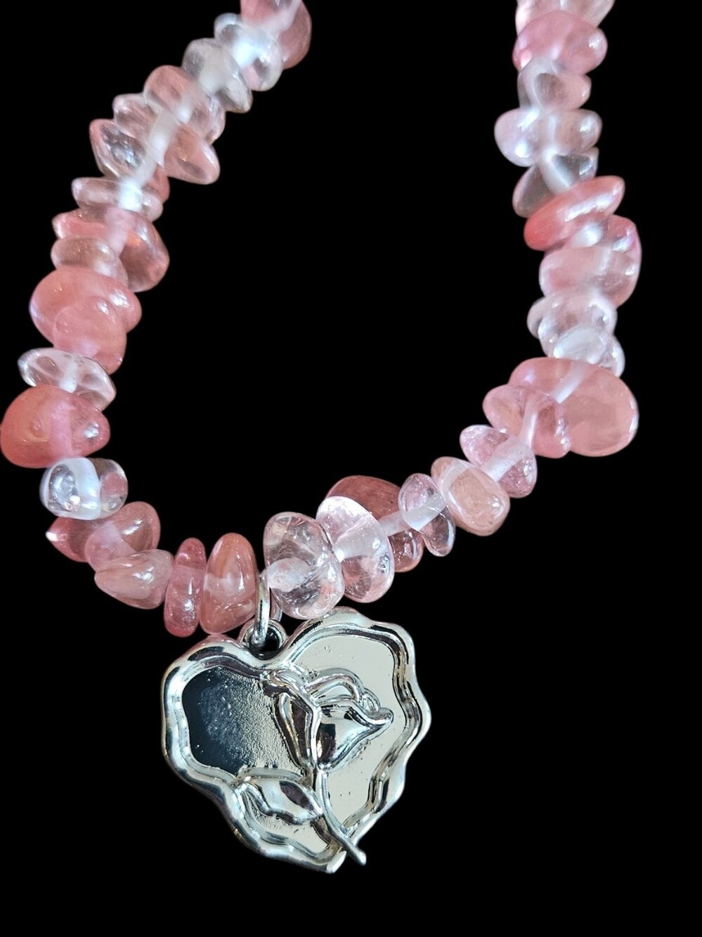 Pink Beaded Heart Pendant Necklace